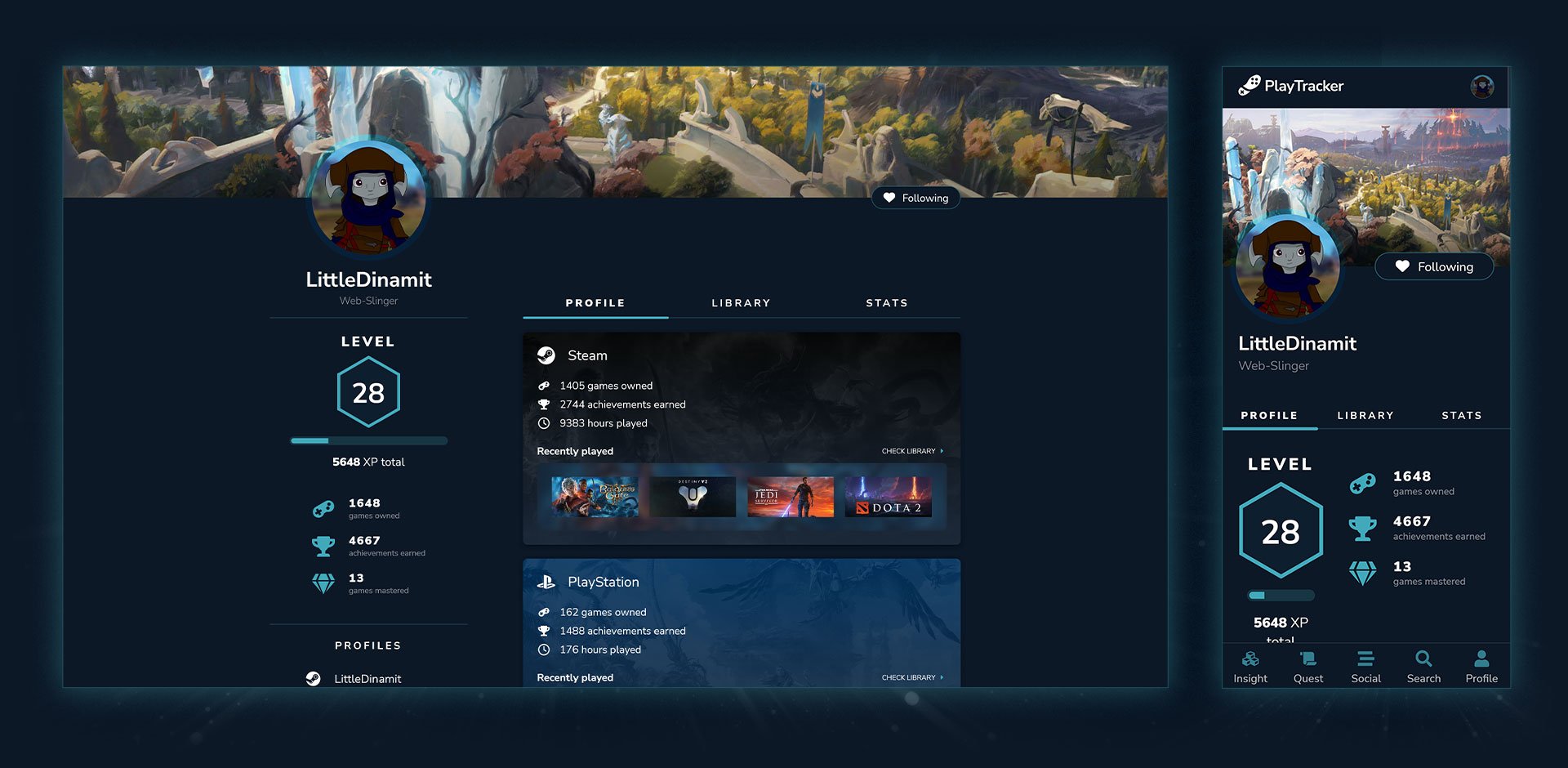 Screenshots of a user's PlayTracker profile page on desktop and mobile