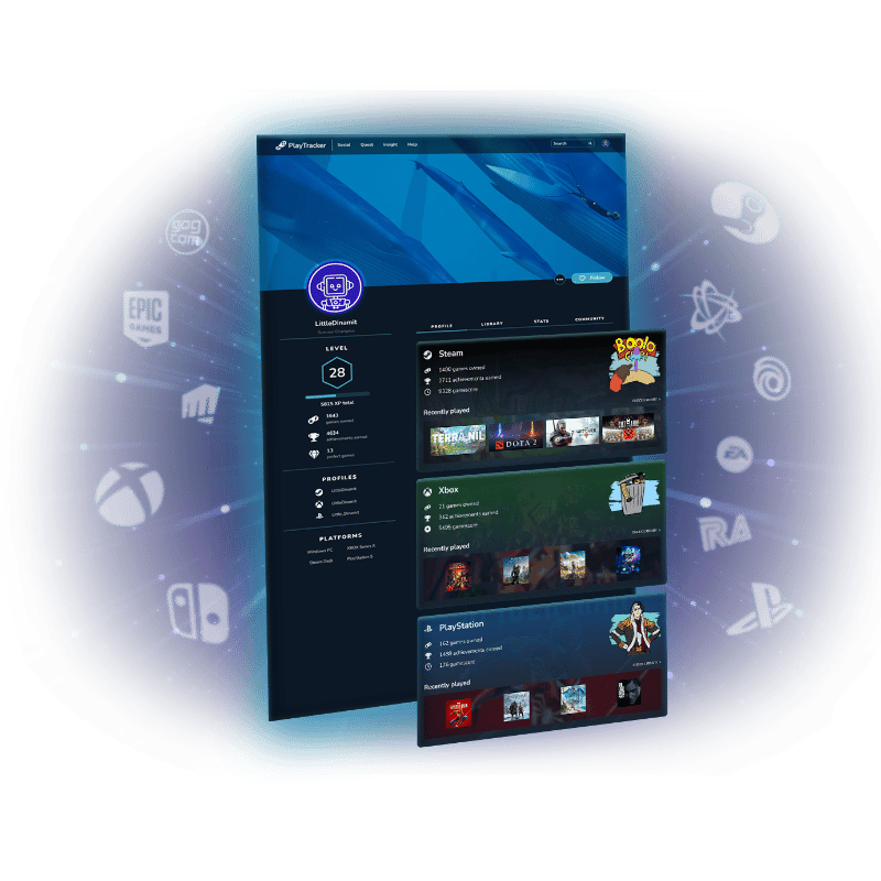 A visual of a PlayTracker profile being fed by data from various platforms and adorned with cosmetics that pop out of the screen