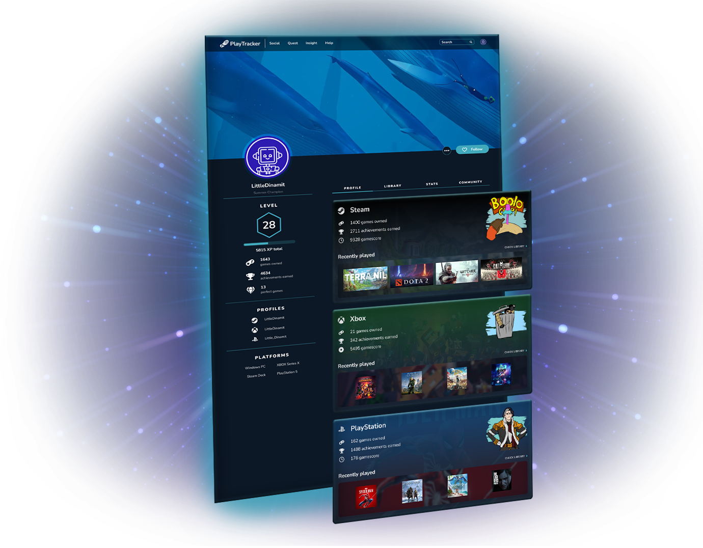 A visual of a PlayTracker profile being fed by data from various platforms and adorned with cosmetics that pop out of the screen