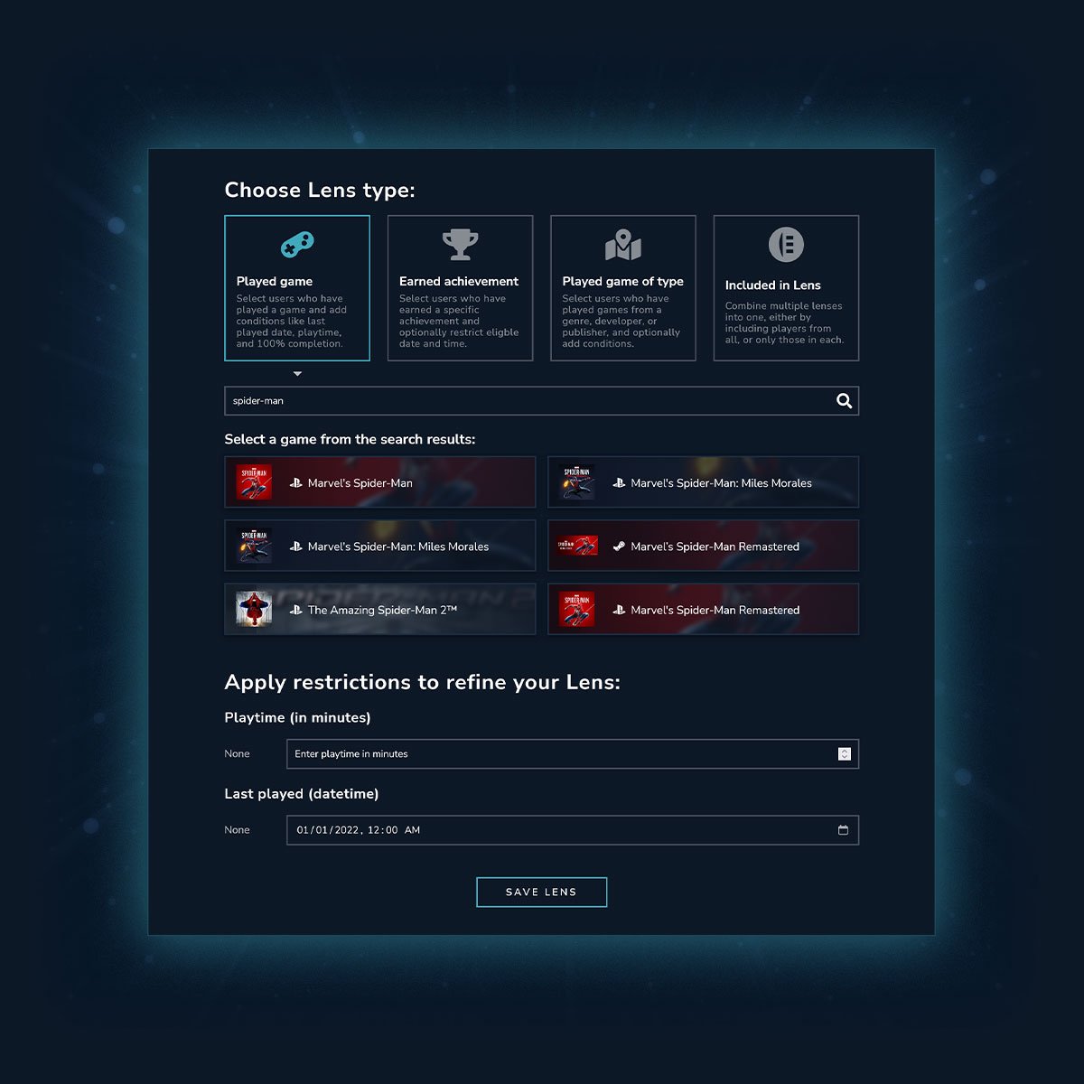 A screenshot of PlayTracker's Lens tool which allows you to define an audience segment using gaming data